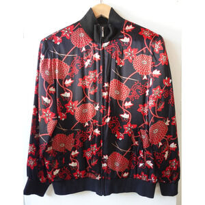 Vintage 90s Jacket Womens Medium Floral Silk Bomber Zip Pockets Lightweight Y2K